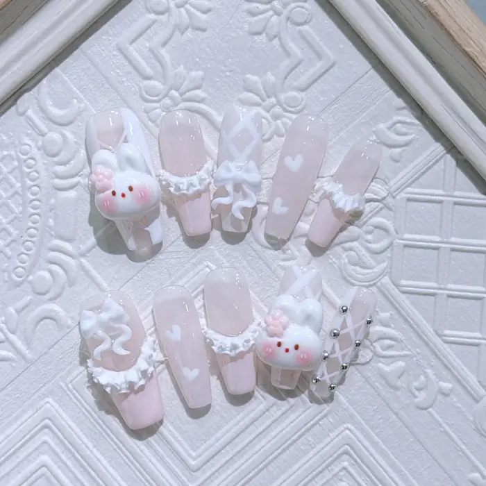 Faux ongles longs et amovibles faits à la main réutilisables simples doux français rose girly jupe en forme de cœur lapin mignon
