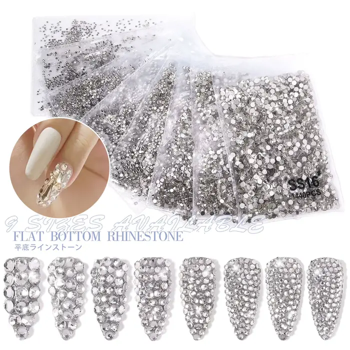Strass pour ongles blancs clairs à fond plat, cristaux AB, décorations 3D pour Nail Art, 8 tailles, 
