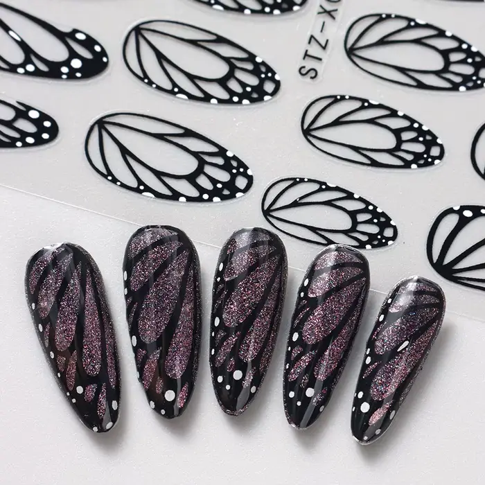 Autocollants pour ongles ailes de papillon noires, 2 pièces, modèles élégants pour ongles de printem
