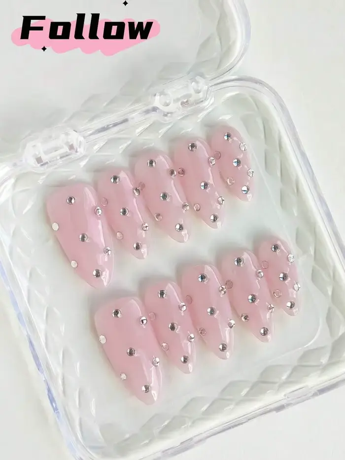10 pièces de longs ongles à pression faits à la main en amande, ongles roses, mignons, à pois, adapt