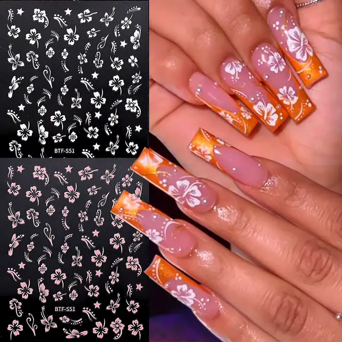 Autocollant pour ongles motif fleur d'hibiscus rose et blanc
