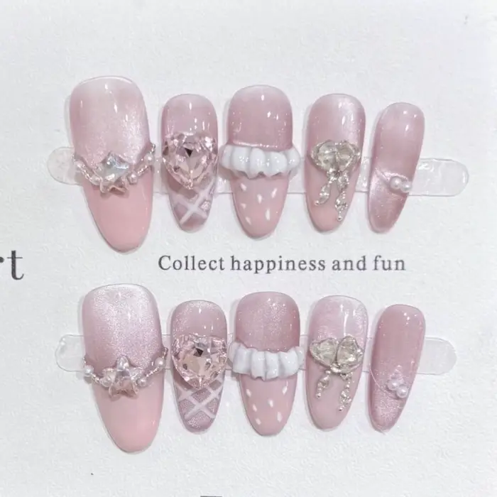 10 pièces violet oeil de chat fait à la main faux ongles conseils paillettes mi-longue ovale presse 