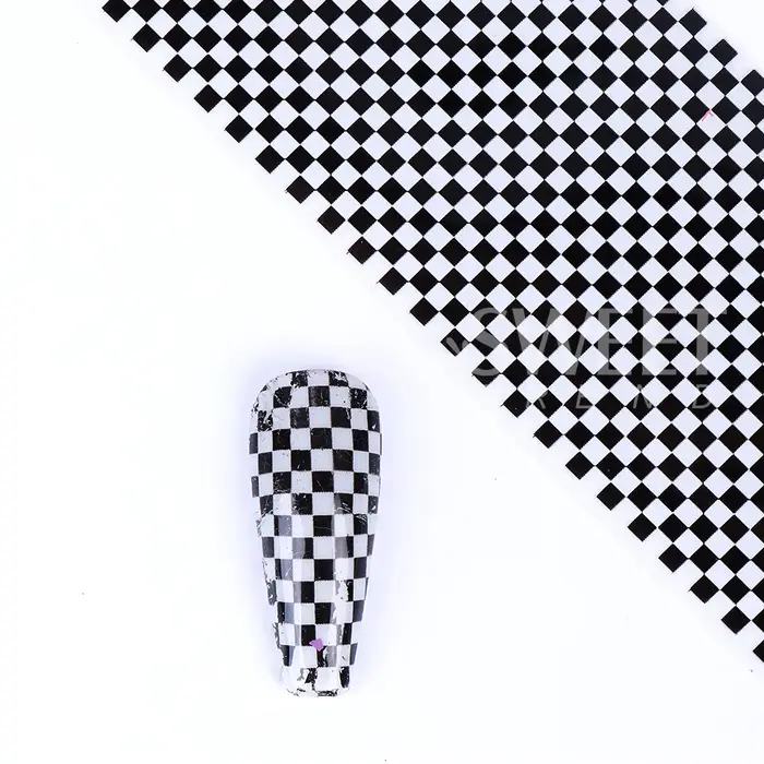 Feuille de transfert pour Nail Art à carreaux, papier de transfert, grille noire et blanche, motif i