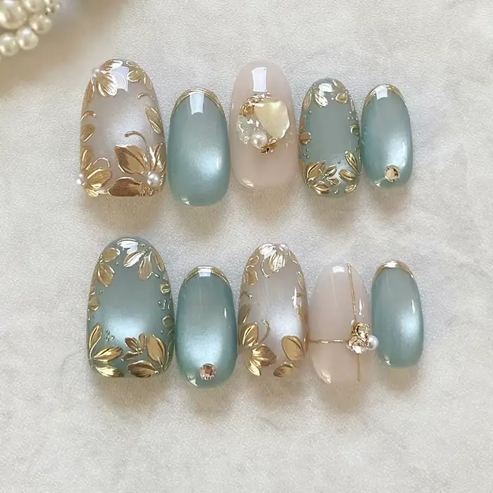 24 pièces rose amande presse sur ongles motif de fleur faux