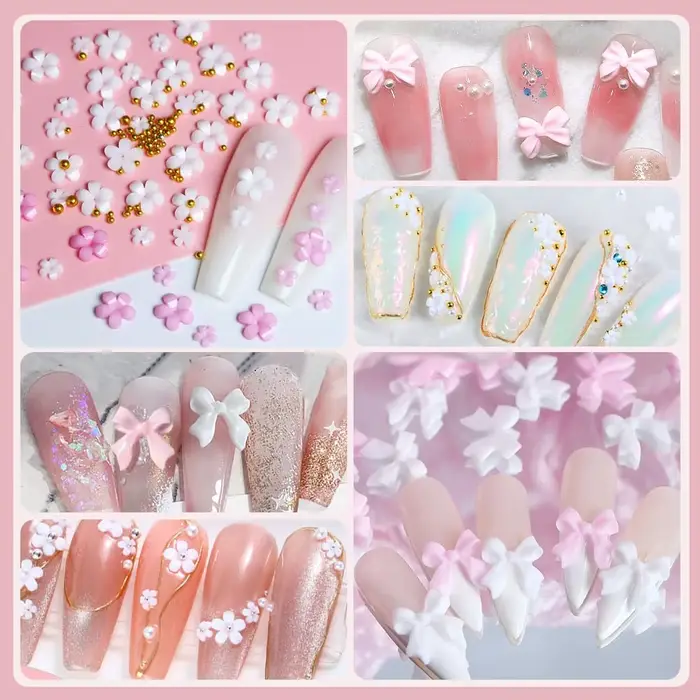 1 boîte de décorations pour ongles en forme de fleur avec nœud papillon 3D