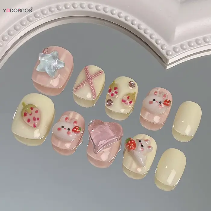Faux ongles faits à la main, fraise rose, lapin mignon, diamant conçu, courts et ronds, à pression, pour femmes et filles, manucure quotidienne à faire soi-même