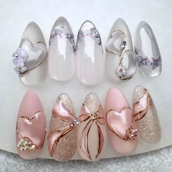 24 pièces rose amande presse sur ongles motif de fleur faux ongles portable ongles à coller faux ong