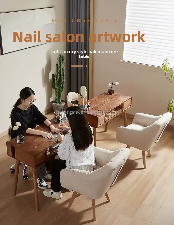 Table de manucure avec plateau en bois, bureau de salon de manucure avec collecteur de poussière, mobilier de salon de beauté commercial moderne, luxueux et durable
