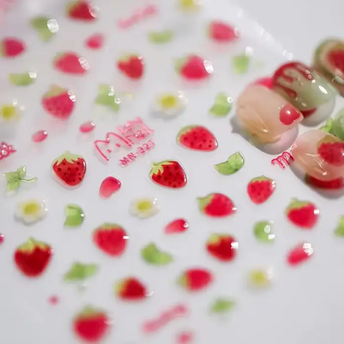 1 pièces 5D Kawaii gelée fraise dessin animé curseur Adheisve Nail Art autocollants en relief ongles