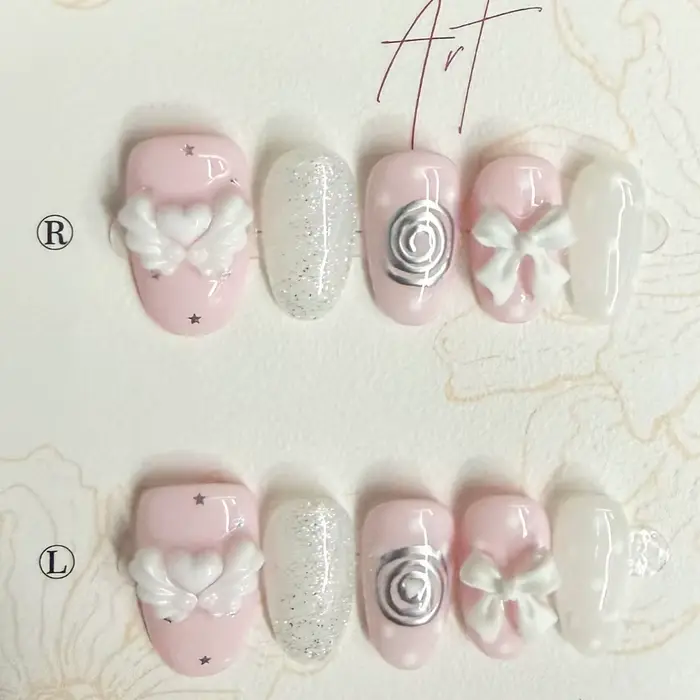 Faux ongles coréens vintage Wishcore courts faits à la main à presser, doux, féminins, mignons, à po
