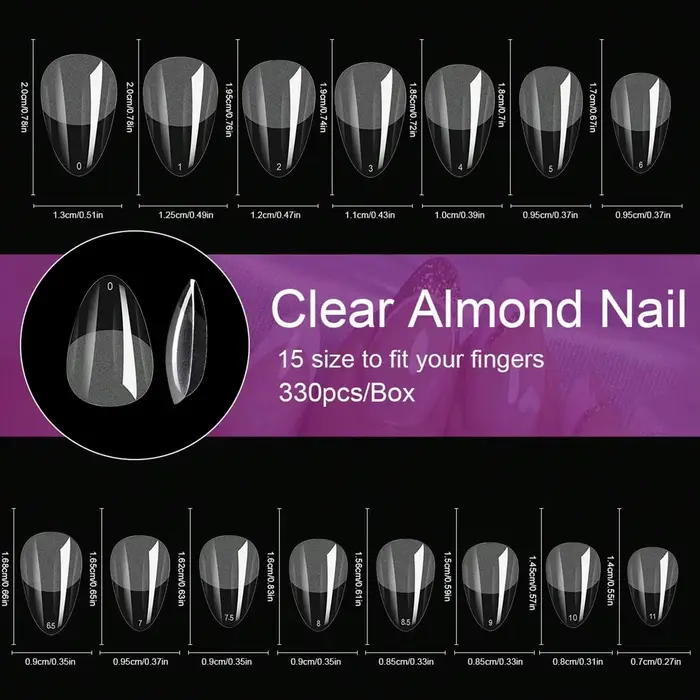 330 pièces/boîte faux ongles transparents en acrylique mat en forme d'amande, Kit de pointes d'ongle