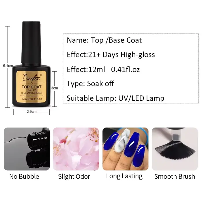 Ensemble de base et de couche supérieure de 12 ml de vernis à ongles UV Soak Off sans essuyage
