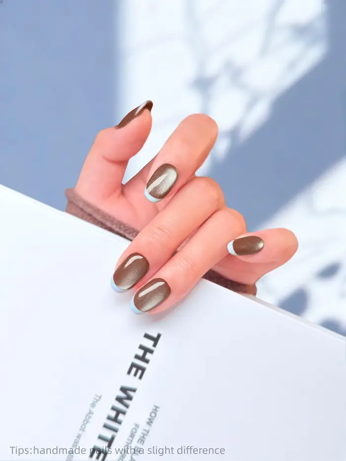 10 pièces à la main marron bleu oeil de chat presse sur ongles court couverture complète portable réutilisable mode faux