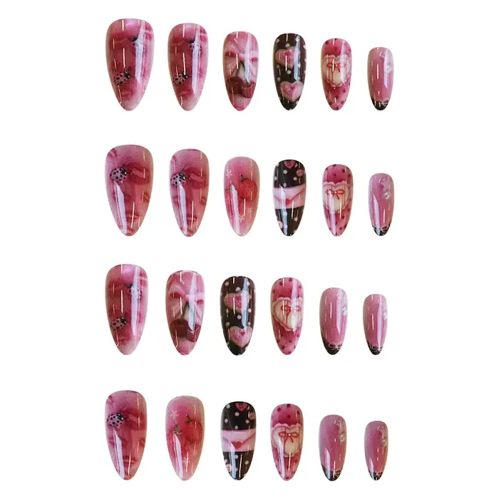 24 pièces lettre douce presse sur ongles mignon cerise nœuds papillon coccinelle fraise décor faux o