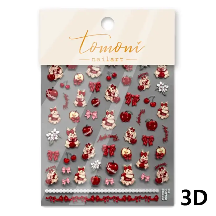 Autocollants de manucure 3D, doux, pomme rouge, lapin mignon, nœud papillon, Reliefs en relief doux,