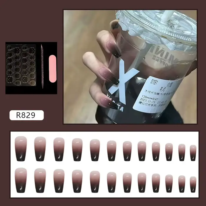 Faux ongles à presser de taille moyenne, style ballet, dégradé nude noir, finition brillante, ton pr
