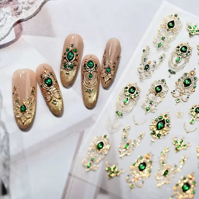 Autocollants pour ongles en pierres précieuses émeraude en relief 5D, cadre doré de luxe, fleur Baro