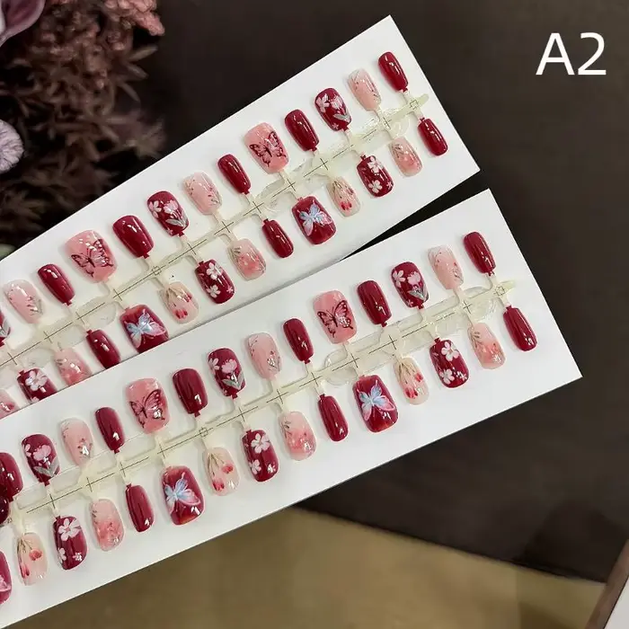 30 faux ongles rouges à bout français avec fleurs, couvrance totale, pour femmes, pose rapide DIY, f