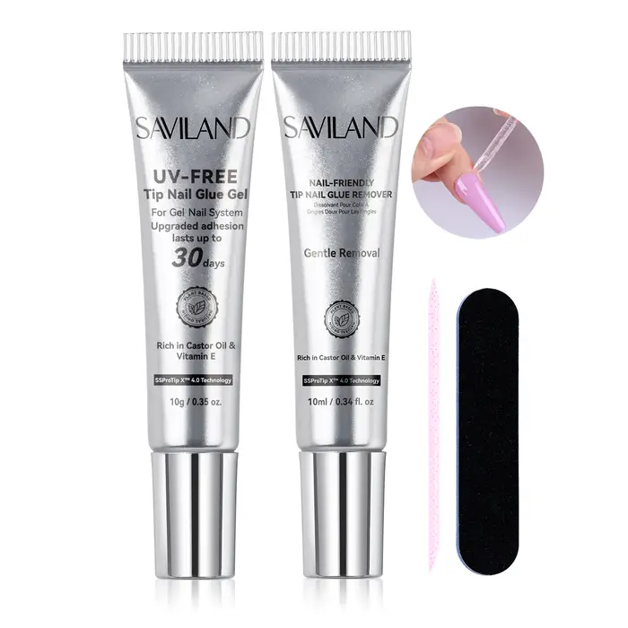 SAVILAND Gel de colle à ongles semi-solide 10g avec dissolvant rapide 10ml aucun durcissement nécessaire 30 jours