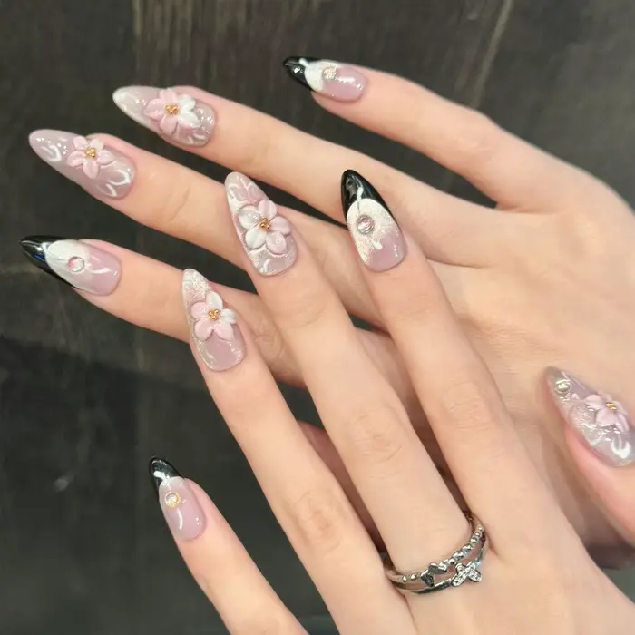 10 pièces 3D sculpture fleur de pêche presse sur ongles paillettes rose oeil de chat amande été à la