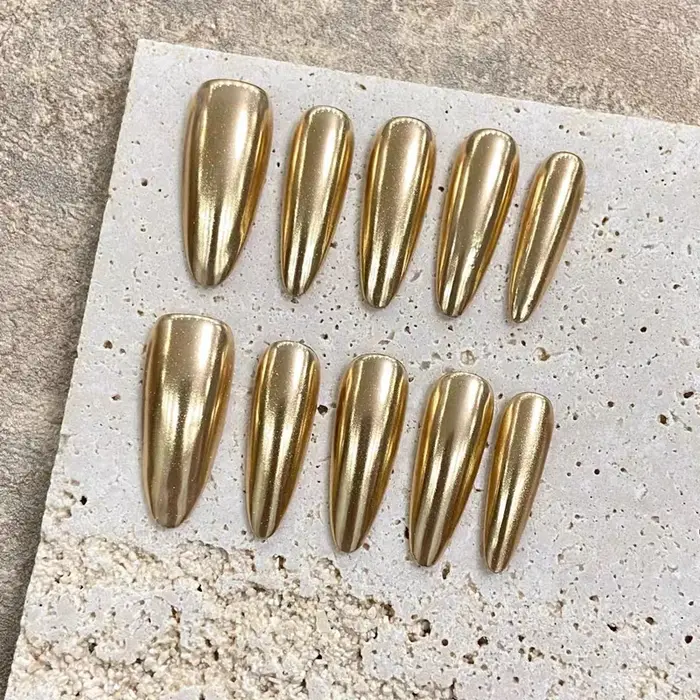 10 pièces longues amande or presse à la main sur les ongles acrylique faux
