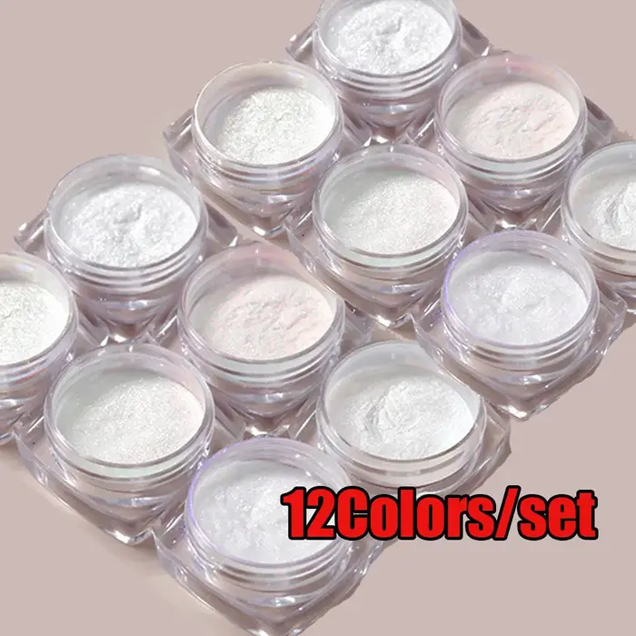 12 pièces/ensemble Aurora blanc ongles miroir poudre 0.3g/pot miroitant clair de lune Chrome Pigment poussière pour UV Gel vernis manucure décorations