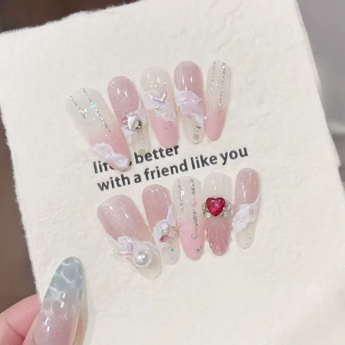 10 pièces rose oeil de chat faux ongles 3D papillon faux ongles diamant perle presse sur ongles dégr
