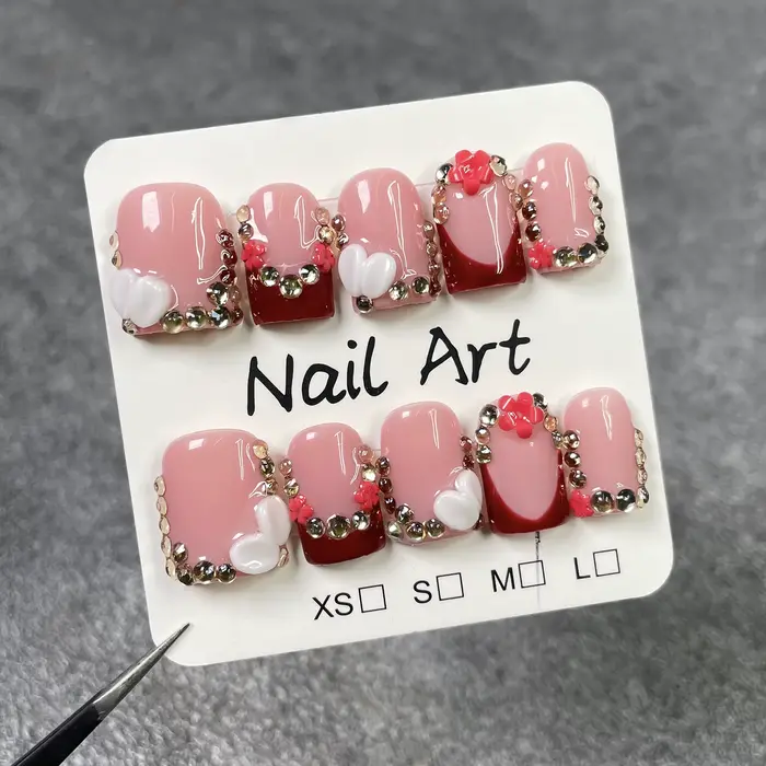 10 pièces cercueil court fait à la main presse sur les ongles avec sculpture 3d fleur conception fau