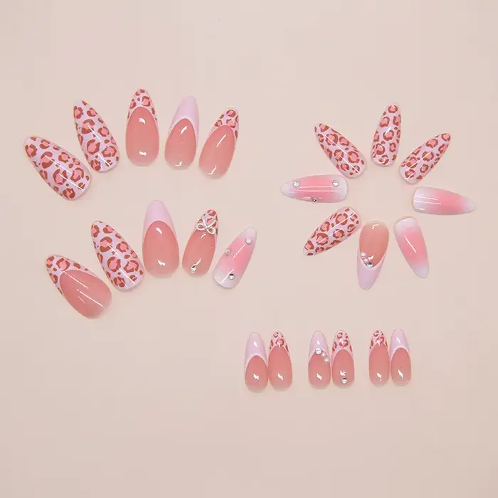 24 faux ongles à presser en amande rose imprimé léopard