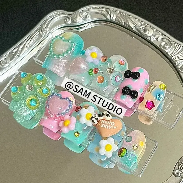 Ongles à presser faits main style Spice Girl Y2K, motif dessin animé, étoiles, diamants, perles, pois roses, notes musicales, imprimé léopard