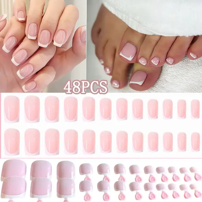 48 pièces/ensemble Faux ongles à presser roses nude et blancs