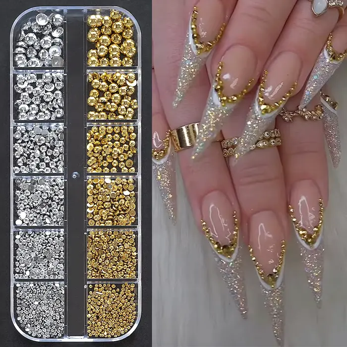 12 grilles or argent perles pour ongles 3D demi-rond perle ongles breloques métal ongles perles Cavi