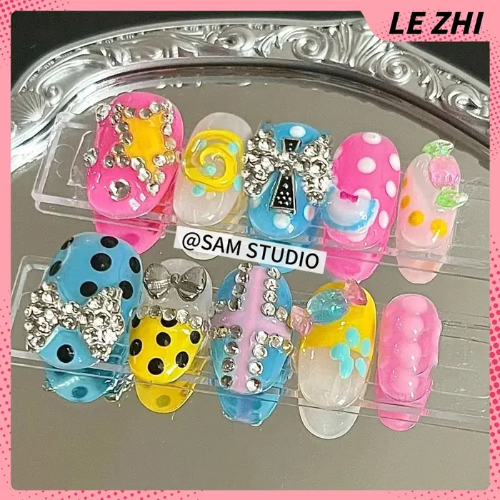 Ongles à presser faits main style Spice Girl Y2K, motif dessin animé, étoiles, diamants, perles, pois roses, notes musicales, imprimé léopard