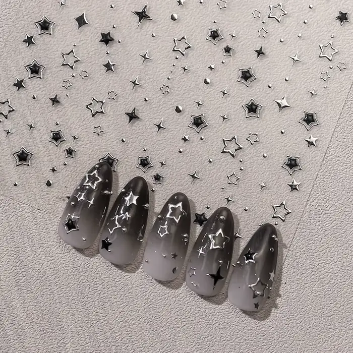 Autocollants pour ongles étoiles de luxe 5D, décalcomanies pour Nail Art, noir et argent, dorure ajo