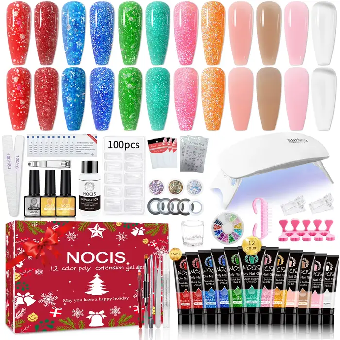 Kit de gel pour extension d'ongles -NOCIS Noël 12 couleurs Gel pour ongles Poly Gel pailleté doré