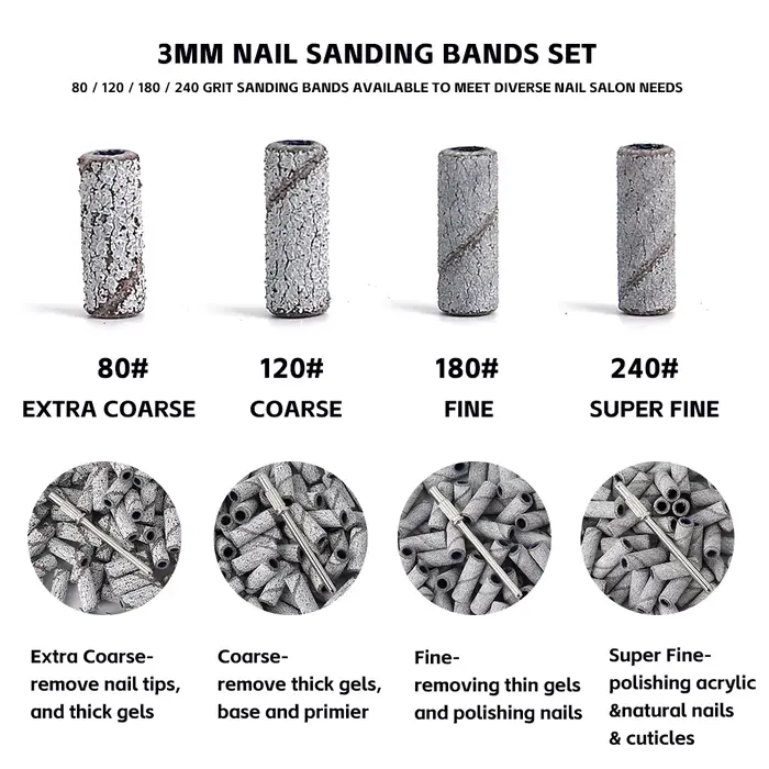 Bandes de ponçage des ongles de 3mm, grain 80/120/180/240, Mini foret à ongles électrique, accessoir