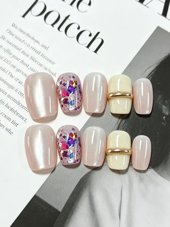 Lot de 10 faux ongles courts carrés-ronds, effet dégradé rose nude œil de chat, avec accents jaune c