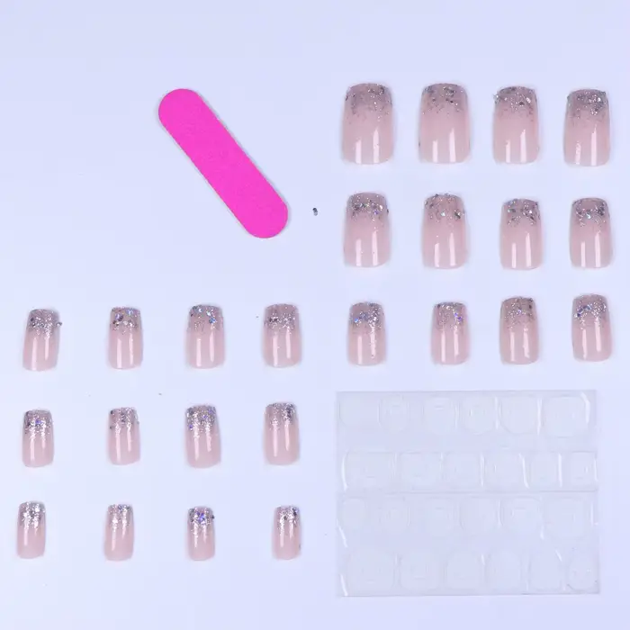 Plaque à ongles de couleur chair, 24 pièces, tête argentée carrée courte, faux ongles français, pâte