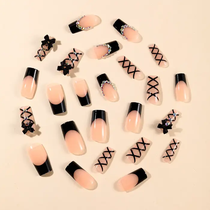 Faux ongles longs à pression pour Ballet, 24 pièces, sangle croisée noire, Style français, avec nœud