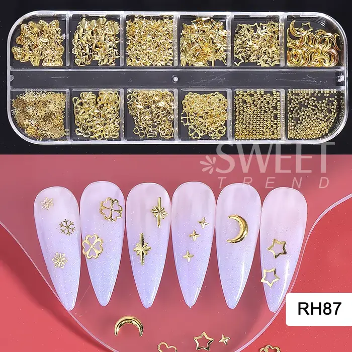 Kit d'arc/étoile/boule en acier/coeur d'amour, 1 boîte, ruban mixte doré, breloques pour Nail Art, a