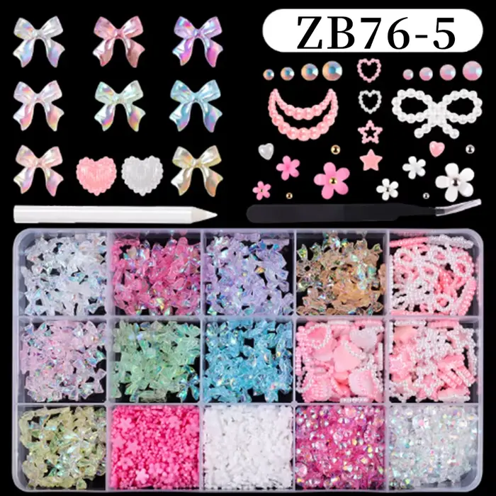 1 boîte mixte blanc perle arc Nail Art breloques doux nacré nœud papillon coeur ongles strass manucure coloré résine accessoires