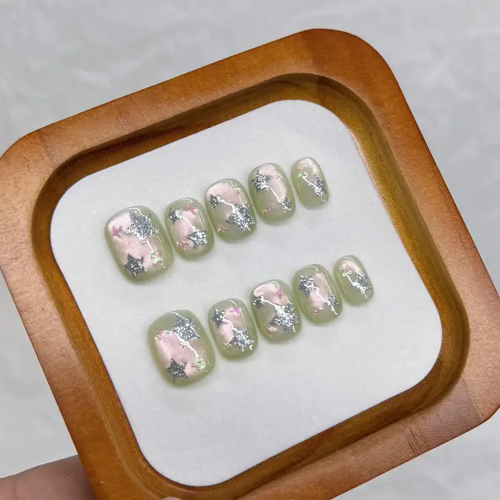 Faux ongles yeux de chat avec fleur, courts, carrés, noirs, faits à la main, à pression, avec paille