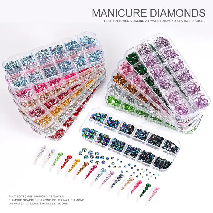 12Gird 3D verre AB cristal Nail Art strass Kit Flatback rond perle charme pierres précieuses bijoux