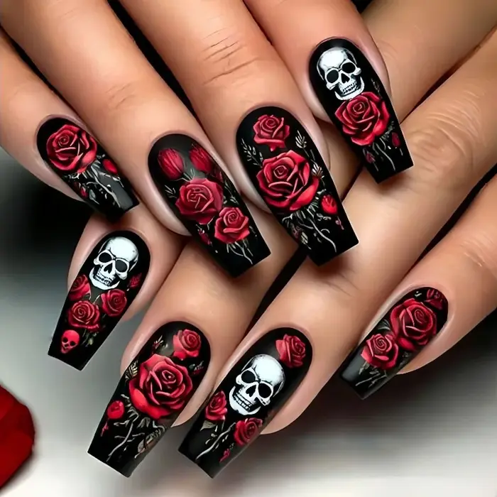 24 Halloween Nail Art Ongles de ballet mi-longs Press Ons avec design Rose rouge Skullpcs Faux