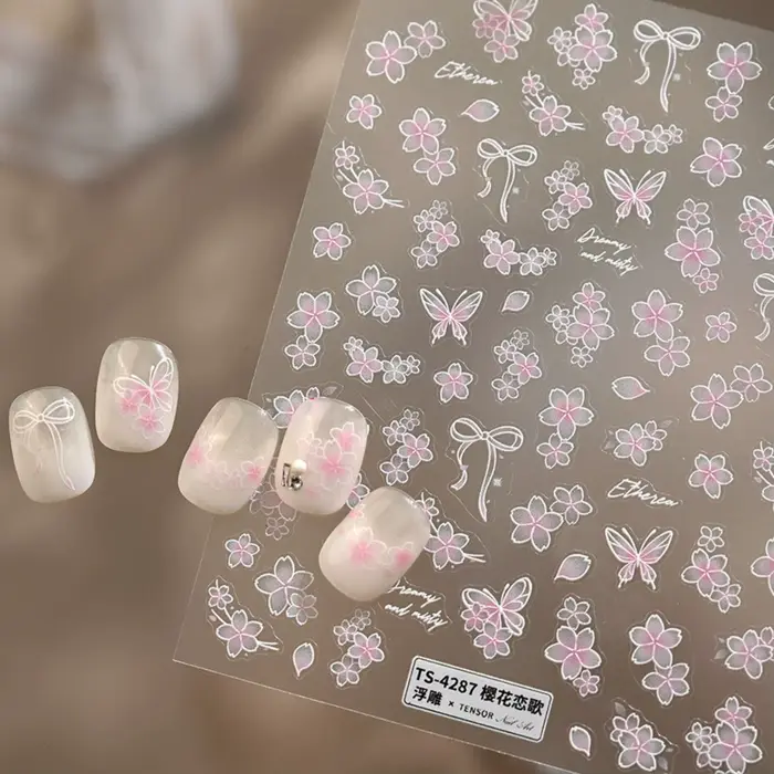 Autocollants 5D pour ongles « Chanson d'amour aux fleurs de cerisier » – Dégradé rose et blanc japonais