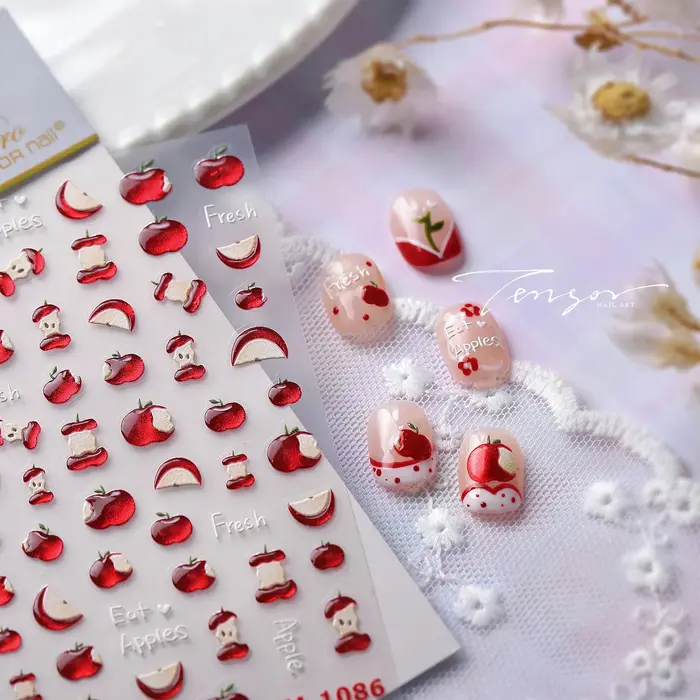 Autocollant 5D pour ongles en forme de pomme rouge, motif dessin animé, tranche de pomme, fruit mignon, décoration auto-adhésive, manucure, décalcomanie DIY