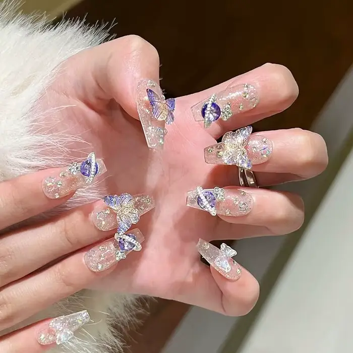 10 pièces presse à la main sur les ongles grand planète conçu faux ongles avec papillon Art paillett