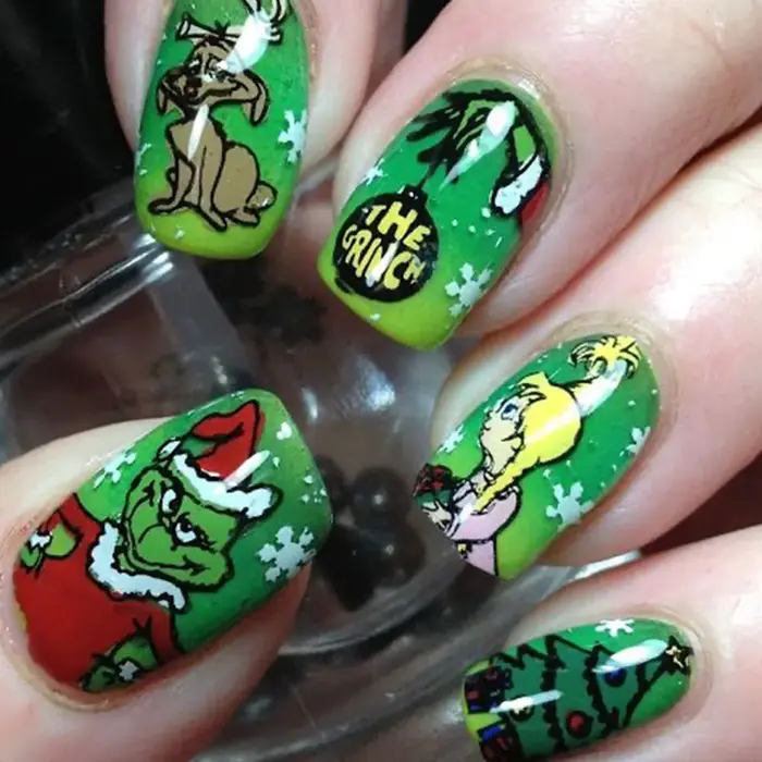 Faux ongles carrés courts à pression de noël monstre vert mignon avec lettres vertes Grinch couverture complète bâton