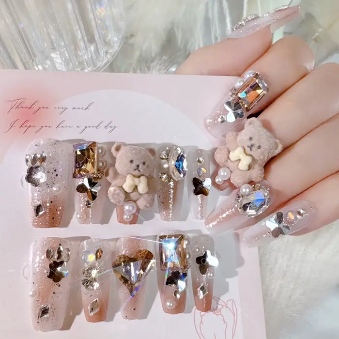 24 pièces doux mignon arc faux ongles avec cristal rose Design coréen