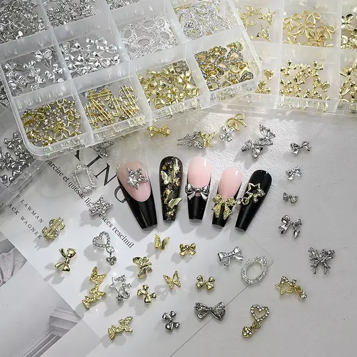 120 pièces/boîte 3D or arc papillon ongles breloques en métal brillant mignon noeud papillon/diamant